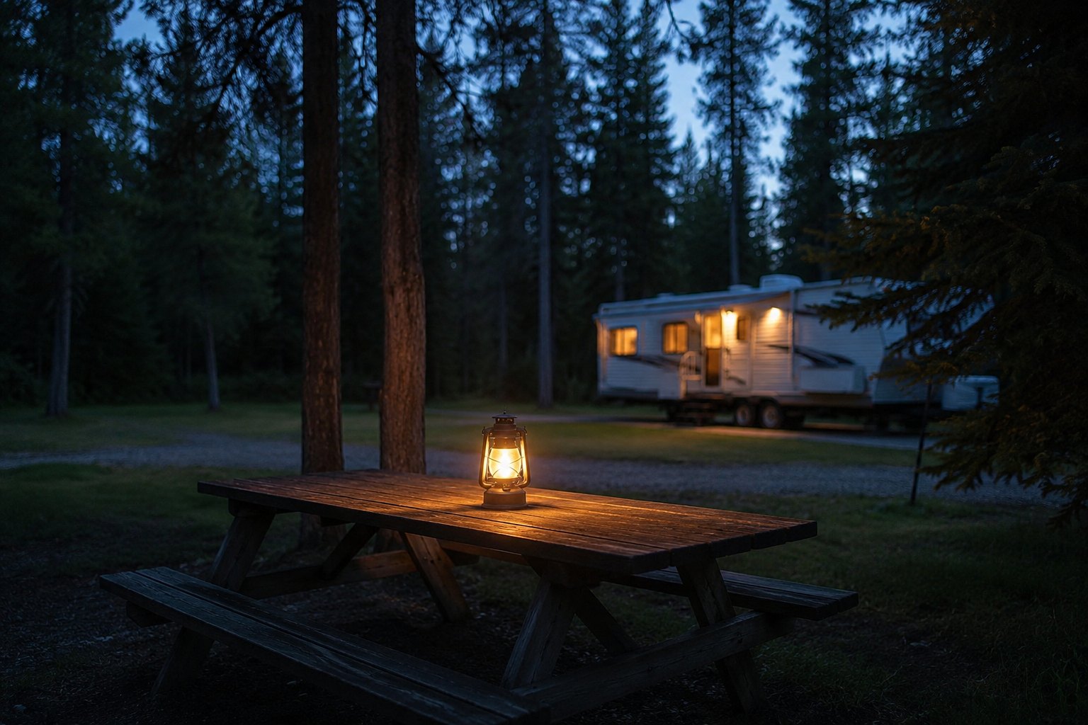 Lantern glowing on a picnic table at dusk with a lit trailer behind