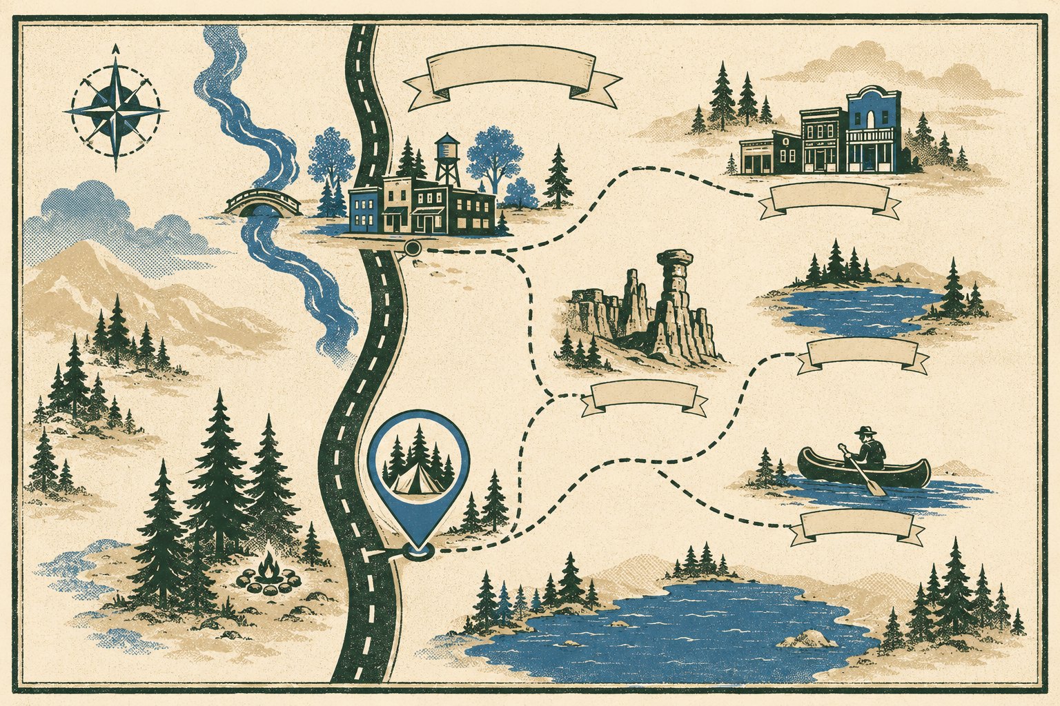 Illustrated vintage map of camping country with dashed routes