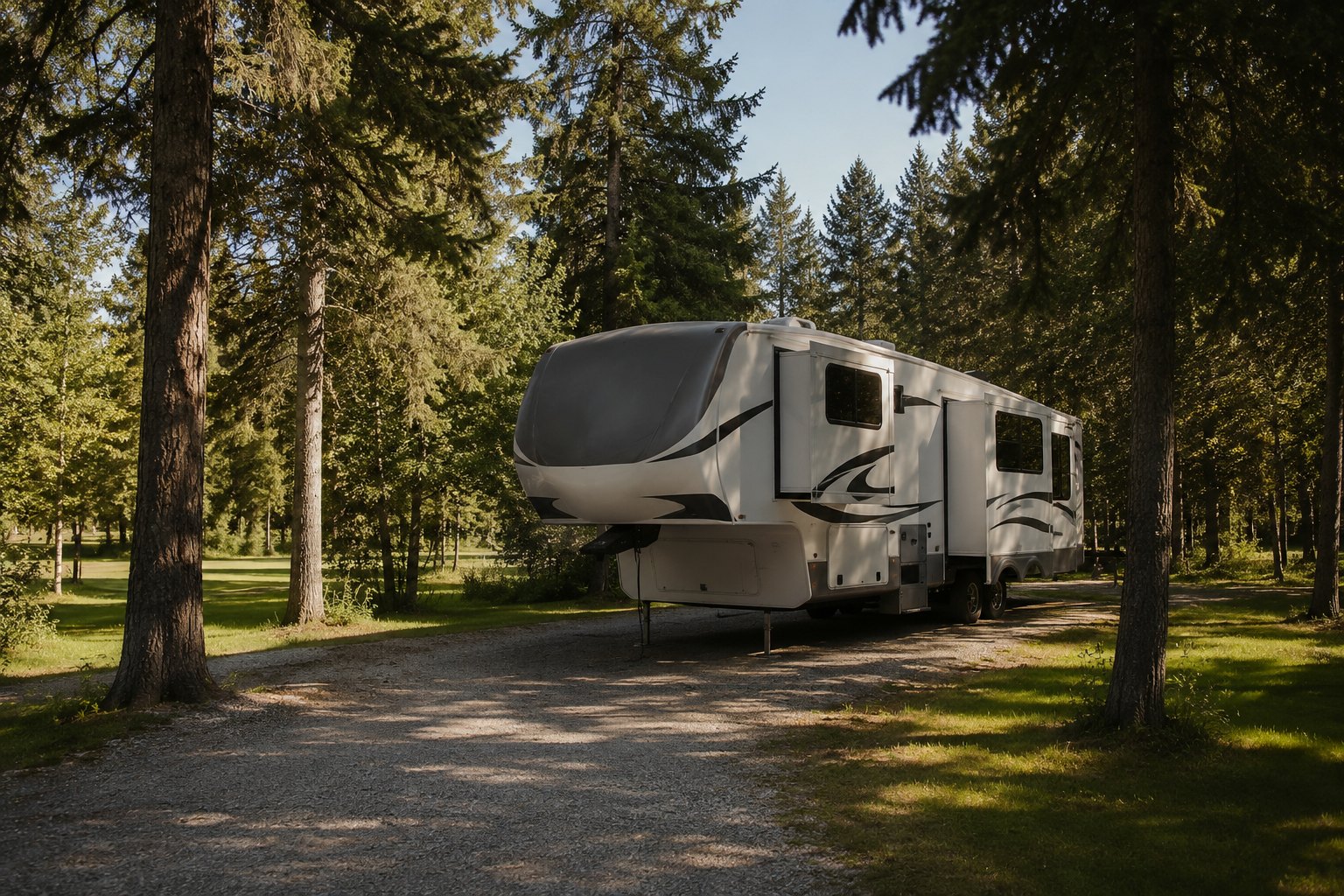 Large fifth-wheel RV parked on a gravel pull-through site among trees