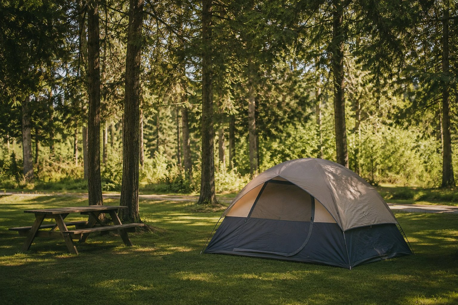 Dome tent pitched on a grassy campsite under tall pines