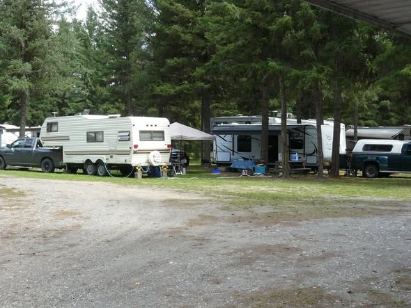 Travel trailers parked on treed RV sites at Cariboo Place
